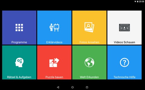 Startbildschirm eines Senioren-Tablets mit acht großen Kacheln